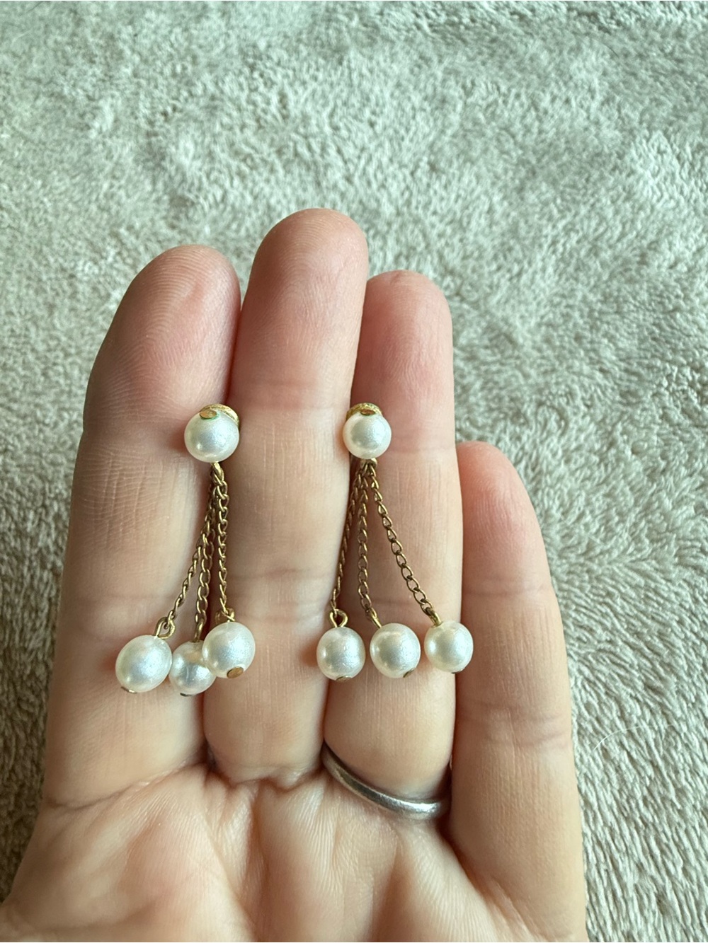 Vintage Gold Tone Pearl Clip Dangle Earrings